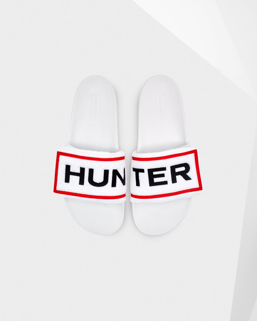 Womens Slides - Hunter Original Terry Towelling Logo Adjustable (04XUJOKIB) - White